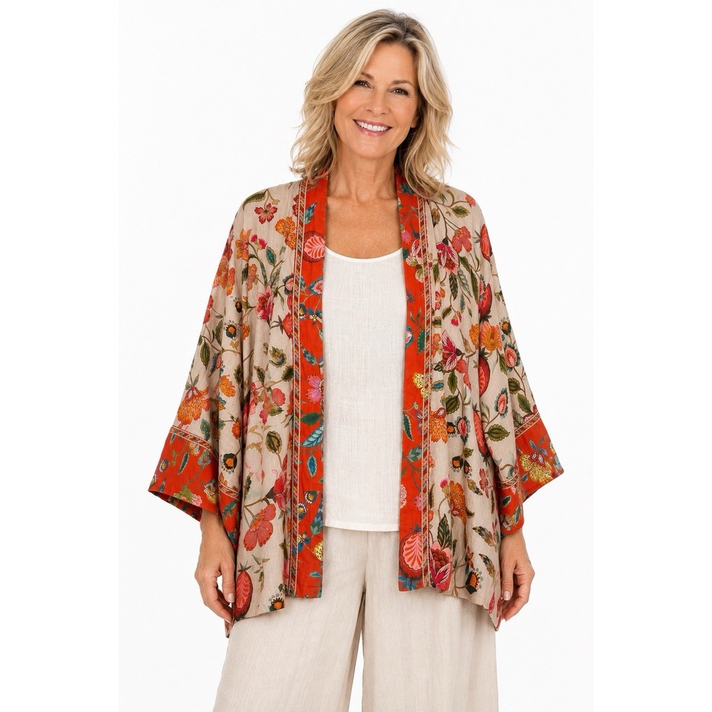 Johnny Was Workshop Ramie Floral Embroidered Boho Open Kimono Cardigan Beachy XS